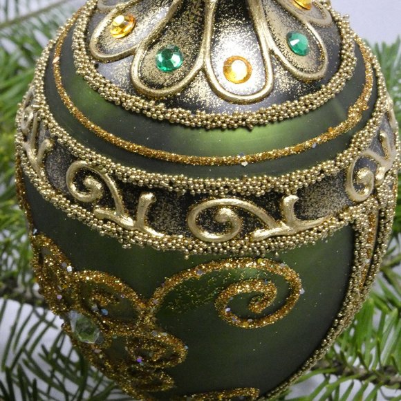 POLISH GALLERY Fabergé Egg 5-In Blown Glass Christmas Tree Ornament Royal GREEN - Picture 3 of 7